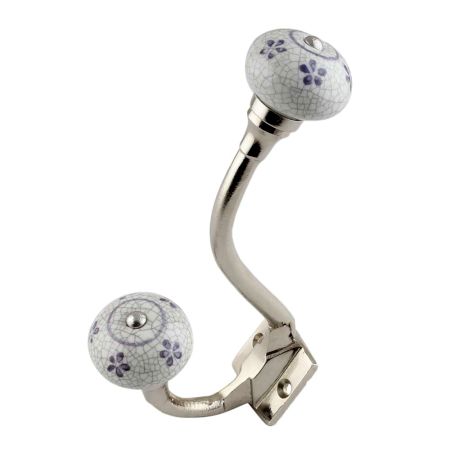 Grey Floral Crackle Ceramic Silver Iron Hook